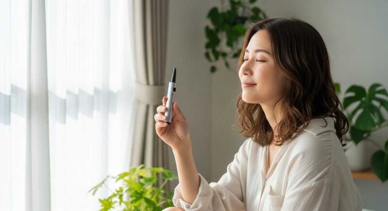 窓辺でヴェポライザーを手にリラックスする若い日本人女性
