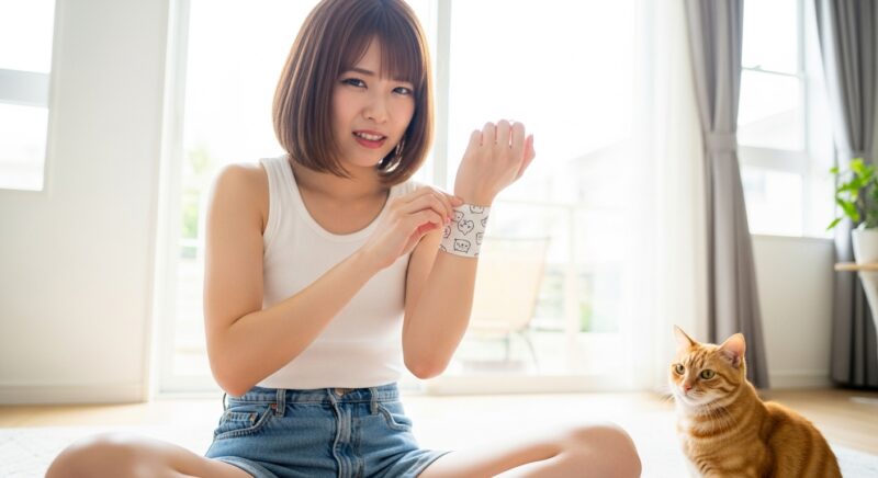 猫の絆創膏を手首に貼る若い日本人女性と猫