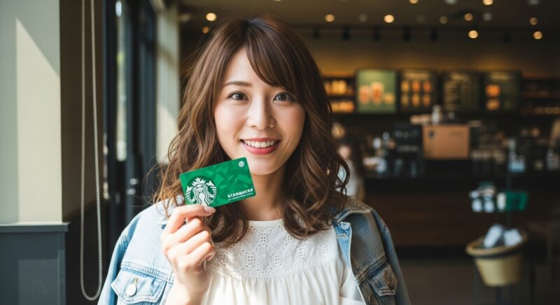 スタバカードを持って嬉しそうな表情の若い日本人女性
