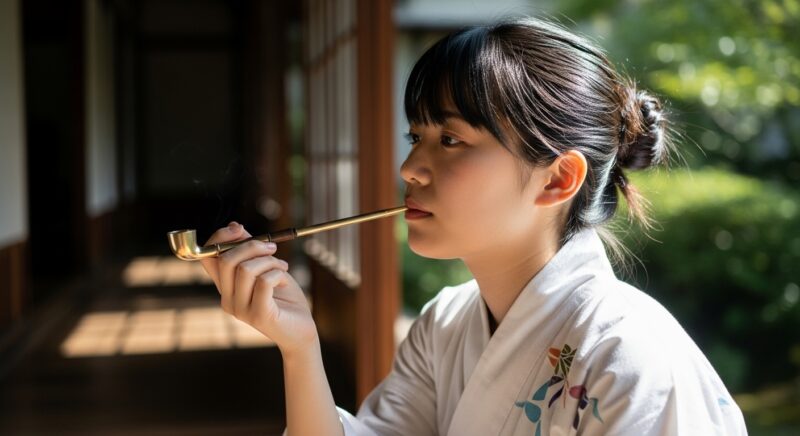 縁側で小さな金属製煙管を吸う若い日本人女性
