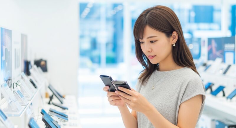 テックストアでハードウェアウォレットを調べている若い女性