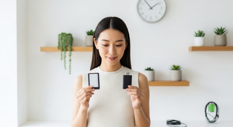 バッテリー不要とバッテリー搭載のハードウェアウォレットを比較する女性