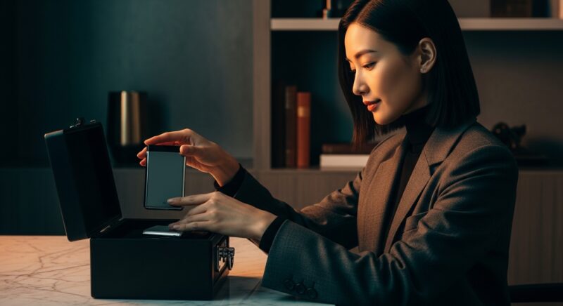 ハードウェアウォレットを保護ケースに安全に保管する女性